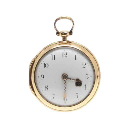 878 - AN 18TH CENTURY GOLD POCKET WATCH. the white enamel dial with Arabic numerals, the verge movement si... 