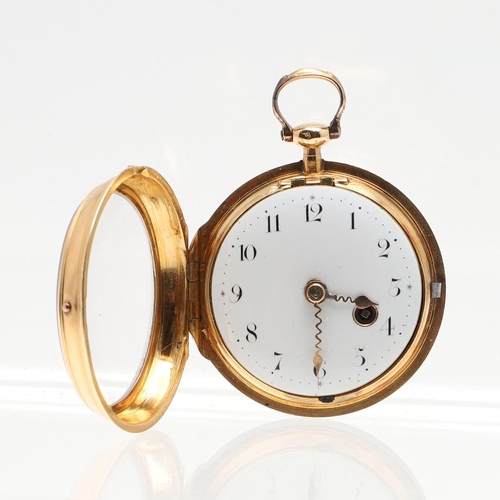 878 - AN 18TH CENTURY GOLD POCKET WATCH. the white enamel dial with Arabic numerals, the verge movement si... 