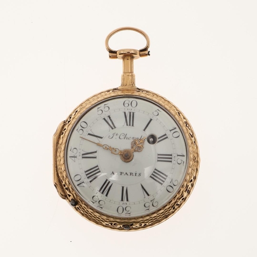 879 - AN 18TH CENTURY CONTINENTAL QUARTER REPEATING GOLD POCKET WATCH BY J. CHEVALIER, PARIS. the signed w... 