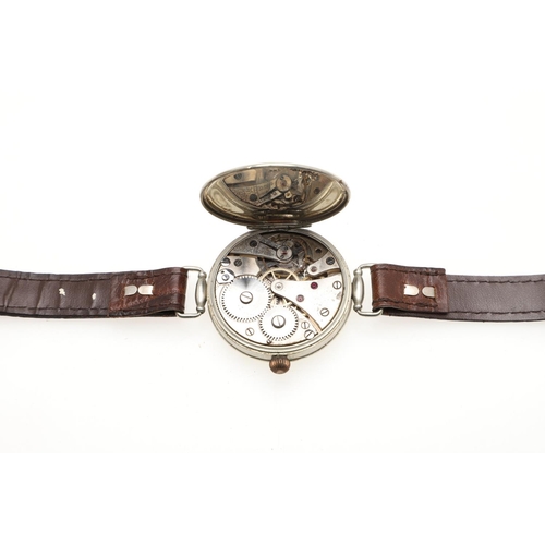 892 - A GENTLEMAN'S SILVER WRISTWATCH BY DENT. the signed circular dial with Roman numerals, on a brown le... 