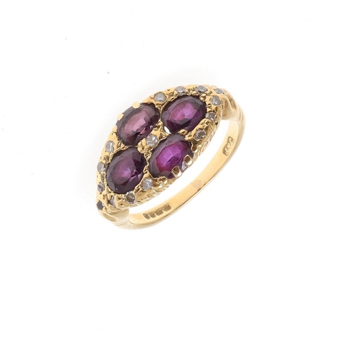 932 - A PURPLE SAPPHIRE AND DIAMOND RING. mounted with four oval-shaped purple sapphires and single-cut di... 