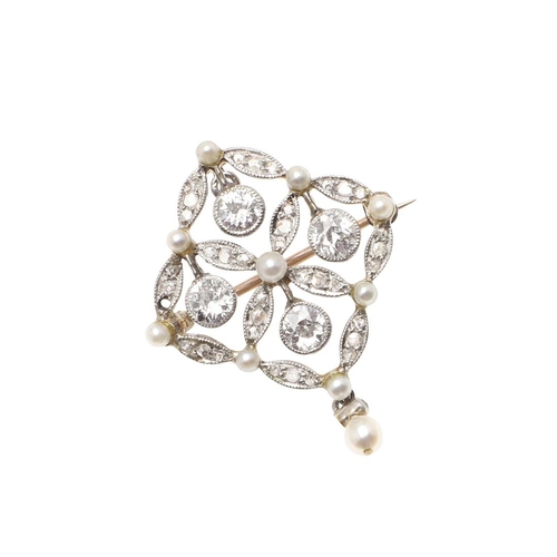 963 - AN EDWARDIAN DIAMOND AND PEARL BROOCH PENDANT. of quatrefoil foliate form, mounted with four collet ... 