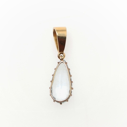 964 - AN AQUAMARINE AND PEARL PENDANT. the pear-shaped aquamarine drop is suspended from a gold bale mount... 