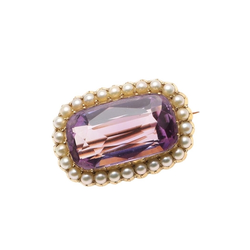 969 - AN AMETHYST AND PEARL BROOCH. the rectangular-shaped amethyst is set within a surround of half pearl... 