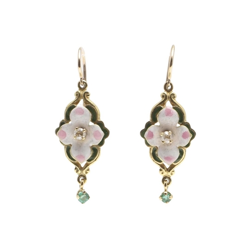 979 - A PAIR OF ENAMEL AND GEM SET DROP EARRINGS. of foliate form, each earring set with white, pink and g... 