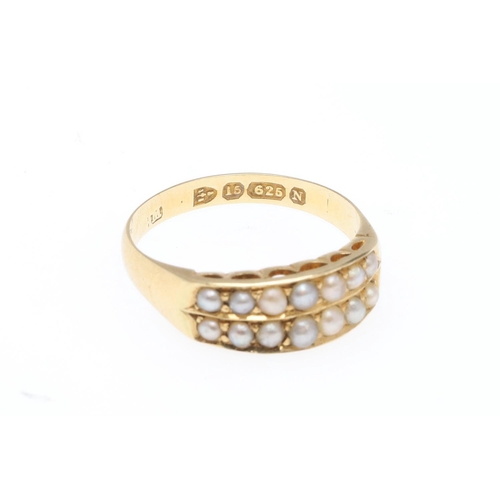 994 - A VICTORIAN PEARL AND GOLD RING. mounted with two rows of half pearls, in 15ct gold, hallmarked for ... 