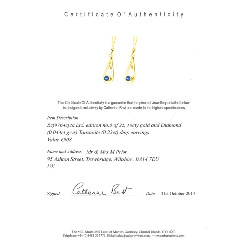 1028 - CATHERINE BEST. A PAIR OF TANZANITE DIAMOND AND 18CT GOLD DROP EARRINGS. each earring set with a cir... 