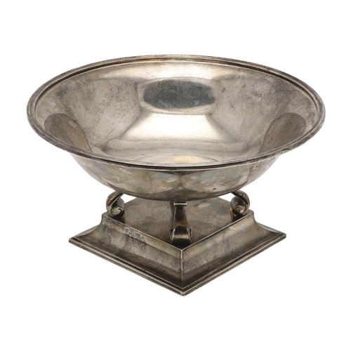 122 - A MODERN SILVER FRUIT DISH ON STAND, BY THEO FENNELL. circular form, raised on a sloping square base... 