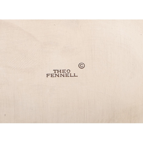 122 - A MODERN SILVER FRUIT DISH ON STAND, BY THEO FENNELL. circular form, raised on a sloping square base... 