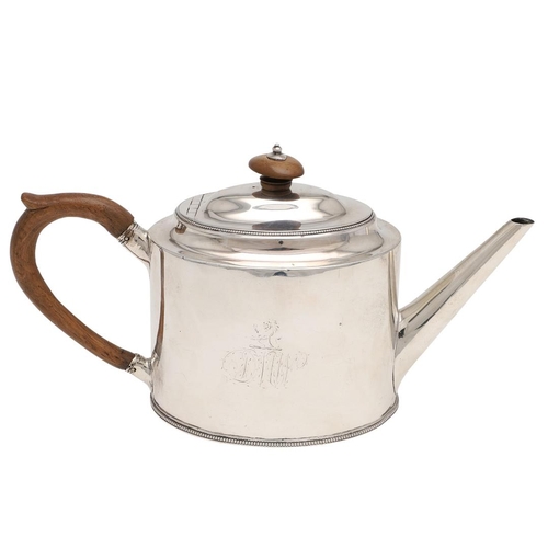 125 - A GEORGE III SILVER TEAPOT, BY HESTER BATEMAN. oval form, with bead borders, a scroll handle and a t... 