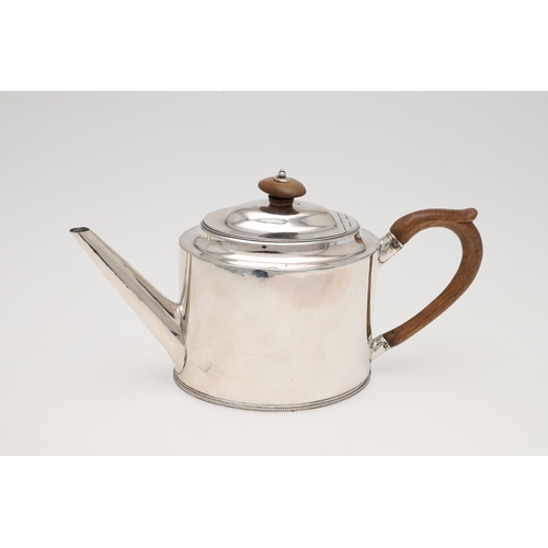 125 - A GEORGE III SILVER TEAPOT, BY HESTER BATEMAN. oval form, with bead borders, a scroll handle and a t... 