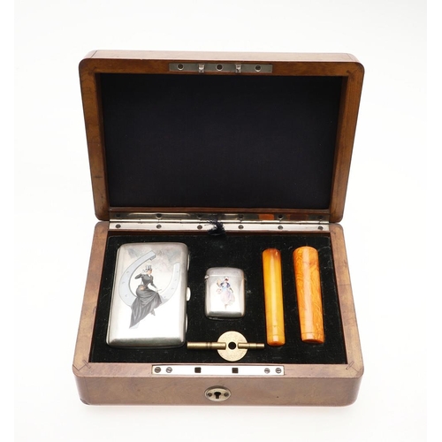 182 - A LATE 19TH/ EARLY 20TH CENTURY MUSICAL CASED SET OF GERMAN SILVER GENTLEMAN'S ACCOUTREMENTS. compri... 