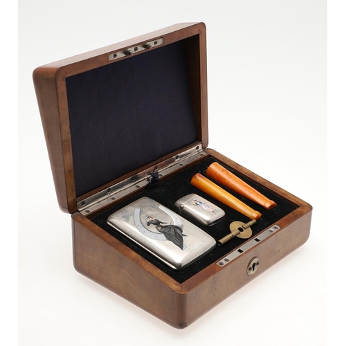 182 - A LATE 19TH/ EARLY 20TH CENTURY MUSICAL CASED SET OF GERMAN SILVER GENTLEMAN'S ACCOUTREMENTS. compri... 