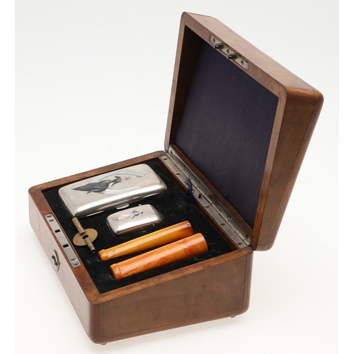 182 - A LATE 19TH/ EARLY 20TH CENTURY MUSICAL CASED SET OF GERMAN SILVER GENTLEMAN'S ACCOUTREMENTS. compri... 