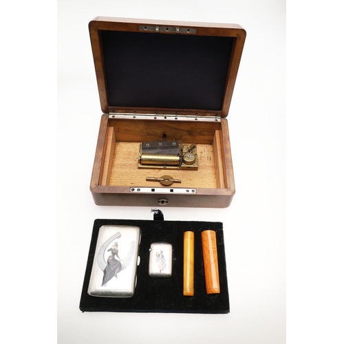 182 - A LATE 19TH/ EARLY 20TH CENTURY MUSICAL CASED SET OF GERMAN SILVER GENTLEMAN'S ACCOUTREMENTS. compri... 