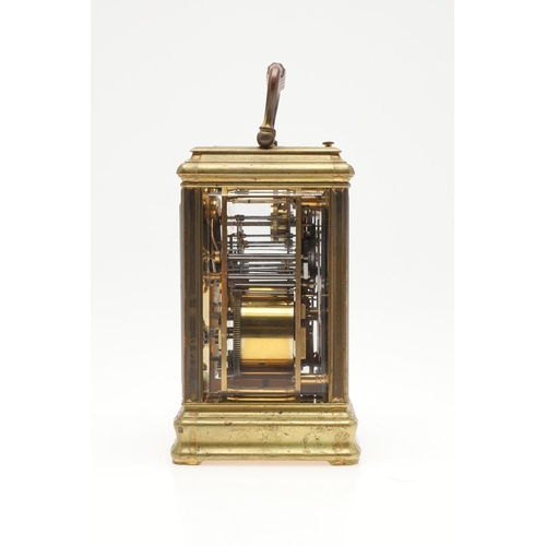 437 - A FRENCH GRAND SONNERIE CARRIAGE ALARM CLOCK. late 19th century, the enamel dial with Roman and Arab... 