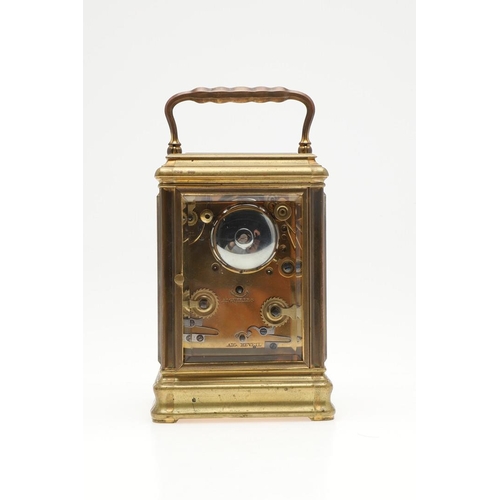 437 - A FRENCH GRAND SONNERIE CARRIAGE ALARM CLOCK. late 19th century, the enamel dial with Roman and Arab... 