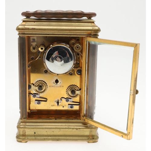 437 - A FRENCH GRAND SONNERIE CARRIAGE ALARM CLOCK. late 19th century, the enamel dial with Roman and Arab... 