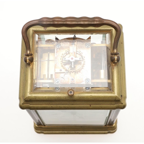 437 - A FRENCH GRAND SONNERIE CARRIAGE ALARM CLOCK. late 19th century, the enamel dial with Roman and Arab... 