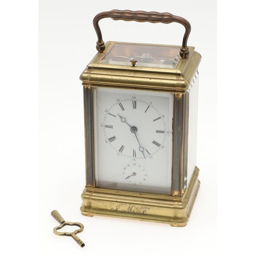 437 - A FRENCH GRAND SONNERIE CARRIAGE ALARM CLOCK. late 19th century, the enamel dial with Roman and Arab... 