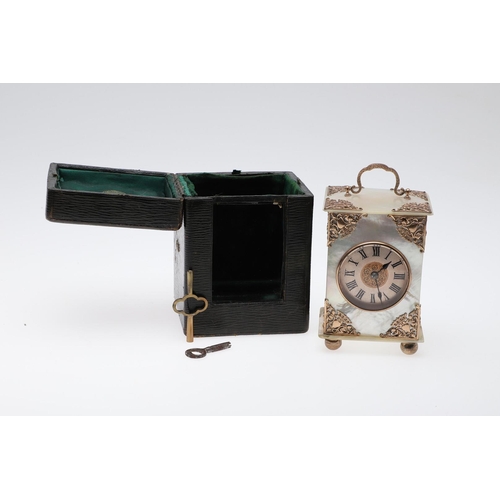 438 - A VICTORIAN MOTHER OF PEARL BOUDOIR TIMEPIECE. the dial with ornate pierced central panel and Roman ... 