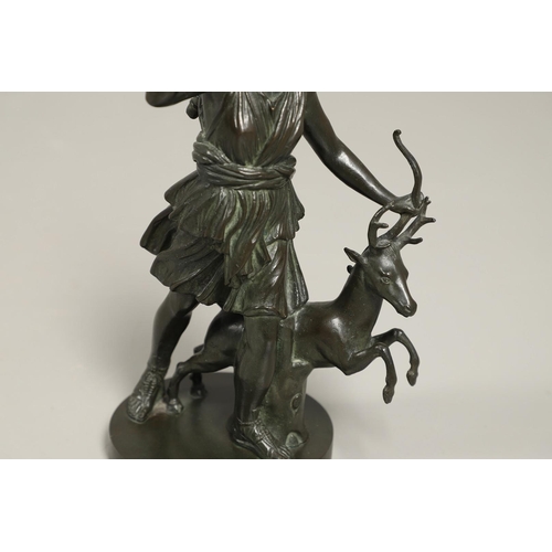 445 - AFTER THE ANTIQUE, DIANA Ã LA BICHE. late 19th century French patinated bronze of Diana the Huntress... 