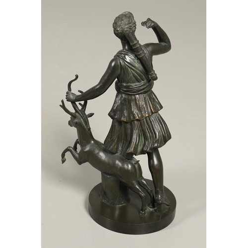 445 - AFTER THE ANTIQUE, DIANA Ã LA BICHE. late 19th century French patinated bronze of Diana the Huntress... 