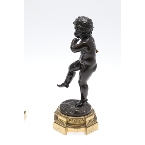 447 - A PAIR OF FRENCH BRONZE PUTTI, IN THE MANNER OF CLAUDE 'CLODION' MICHEL. 19th century, each modelled... 