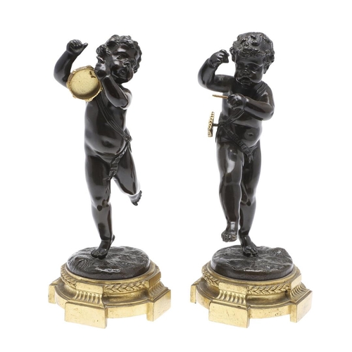 447 - A PAIR OF FRENCH BRONZE PUTTI, IN THE MANNER OF CLAUDE 'CLODION' MICHEL. 19th century, each modelled... 