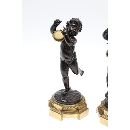 447 - A PAIR OF FRENCH BRONZE PUTTI, IN THE MANNER OF CLAUDE 'CLODION' MICHEL. 19th century, each modelled... 