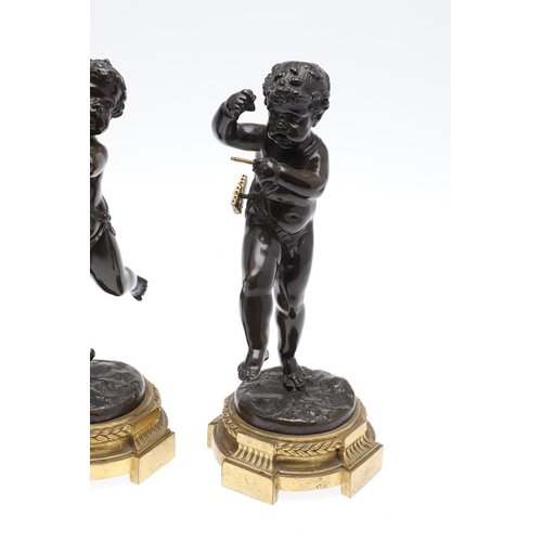 447 - A PAIR OF FRENCH BRONZE PUTTI, IN THE MANNER OF CLAUDE 'CLODION' MICHEL. 19th century, each modelled... 