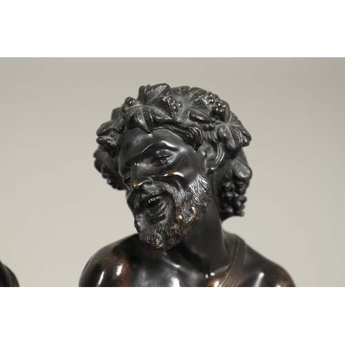 450 - AFTER CLAUDE MICHEL CLODION (FRENCH, 1738 - 1814), A PAIR OF BRONZE BUSTS OF BACCHUS AND BACCANTE. l... 