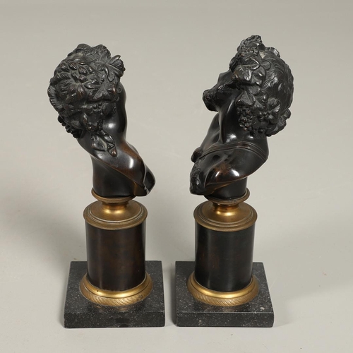 450 - AFTER CLAUDE MICHEL CLODION (FRENCH, 1738 - 1814), A PAIR OF BRONZE BUSTS OF BACCHUS AND BACCANTE. l... 