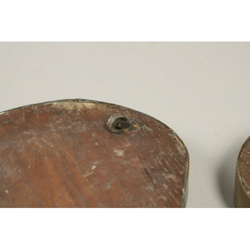 452 - A PAIR OF EARLY 19TH CENTURY BRASS BOUND OAK TAVERN COASTERS. of double gourd shape, on brass caster... 