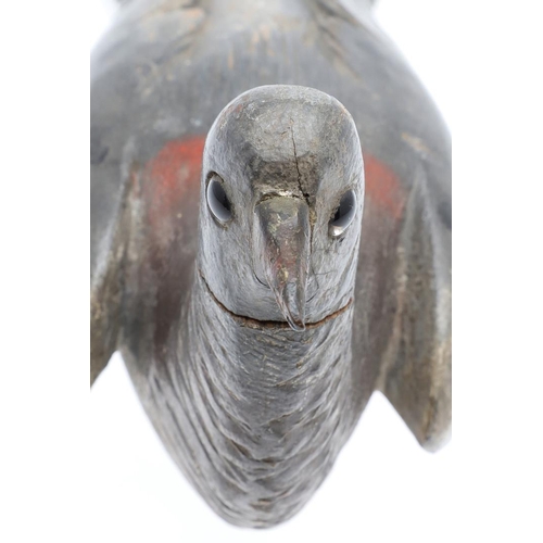 462 - A 19TH CENTURY WOODEN PIGEON DECOY. the painted body with carved detail and glass eyes, the tail wit... 