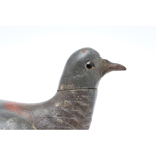 462 - A 19TH CENTURY WOODEN PIGEON DECOY. the painted body with carved detail and glass eyes, the tail wit... 