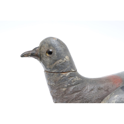 462 - A 19TH CENTURY WOODEN PIGEON DECOY. the painted body with carved detail and glass eyes, the tail wit... 