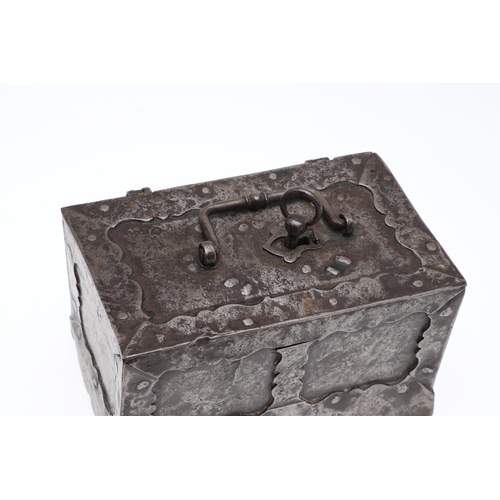 463 - A GERMAN MINIATURE IRON STRONG BOX. possibly late 19th century, with carrying handle and key, height... 