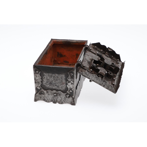 463 - A GERMAN MINIATURE IRON STRONG BOX. possibly late 19th century, with carrying handle and key, height... 