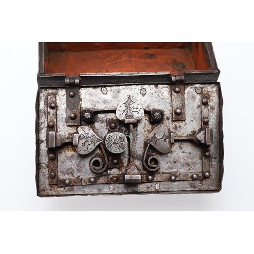 463 - A GERMAN MINIATURE IRON STRONG BOX. possibly late 19th century, with carrying handle and key, height... 