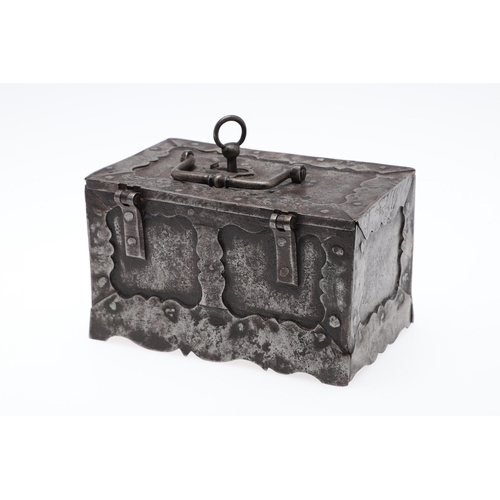 463 - A GERMAN MINIATURE IRON STRONG BOX. possibly late 19th century, with carrying handle and key, height... 