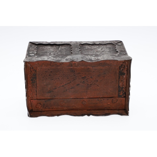 463 - A GERMAN MINIATURE IRON STRONG BOX. possibly late 19th century, with carrying handle and key, height... 