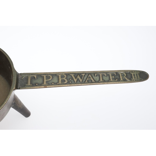 464 - AN ANTIQUE BRONZE SKILLET. by Thomas Pike of Bridgewater, the long handle stamped 'T.P. B.WATER III'... 