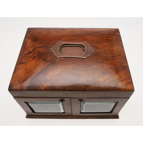 466 - A VICTORIAN WALNUT SEWING BOX. the hinged lid with recessed handle and interior mirror over a green ... 