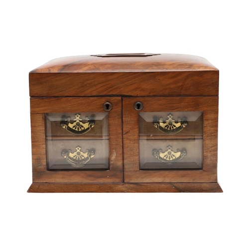 466 - A VICTORIAN WALNUT SEWING BOX. the hinged lid with recessed handle and interior mirror over a green ... 