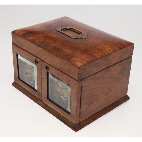 466 - A VICTORIAN WALNUT SEWING BOX. the hinged lid with recessed handle and interior mirror over a green ... 