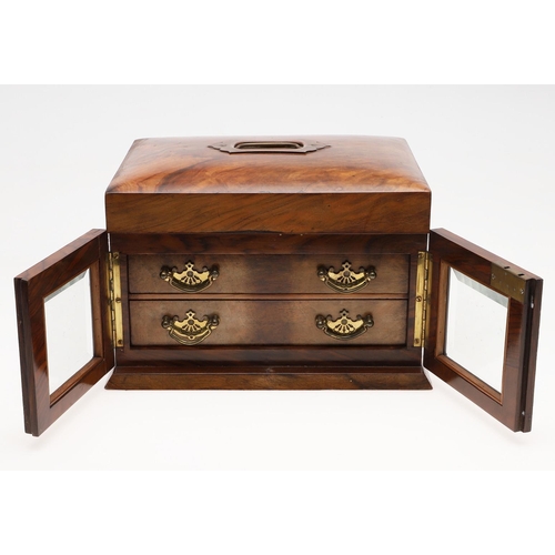 466 - A VICTORIAN WALNUT SEWING BOX. the hinged lid with recessed handle and interior mirror over a green ... 