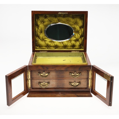 466 - A VICTORIAN WALNUT SEWING BOX. the hinged lid with recessed handle and interior mirror over a green ... 