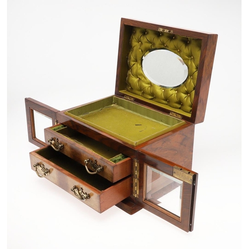 466 - A VICTORIAN WALNUT SEWING BOX. the hinged lid with recessed handle and interior mirror over a green ... 