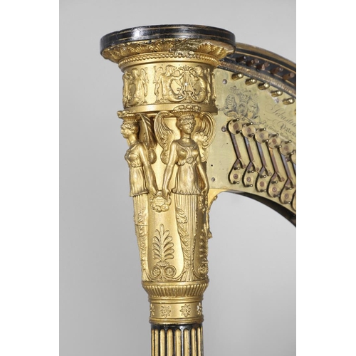 467 - AN EBONISED AND GILTWOOD 'GRECIAN' HARP BY SEBASTIAN ERARDS. 19th century, the gilded Corinthian col... 